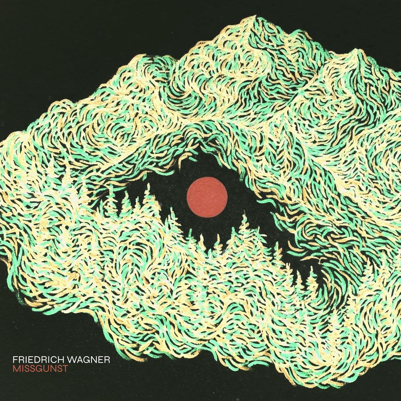 Album cover with the text 'FRIEDRICH WAGNER - MISSGUNST', featuring a landscape drawn with purple and blue lines in the shape of an eye. Mountains and pine trees form the eyelids, enclosing a turquoise circle that acts as the pupil.