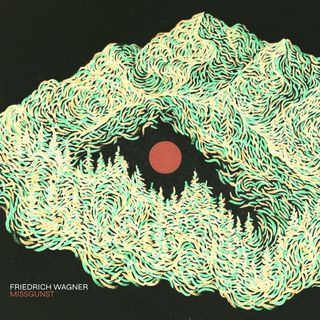 Album cover with the text 'FRIEDRICH WAGNER - MISSGUNST', featuring a landscape drawn with purple and blue lines in the shape of an eye. Mountains and pine trees form the eyelids, enclosing a turquoise circle that acts as the pupil.