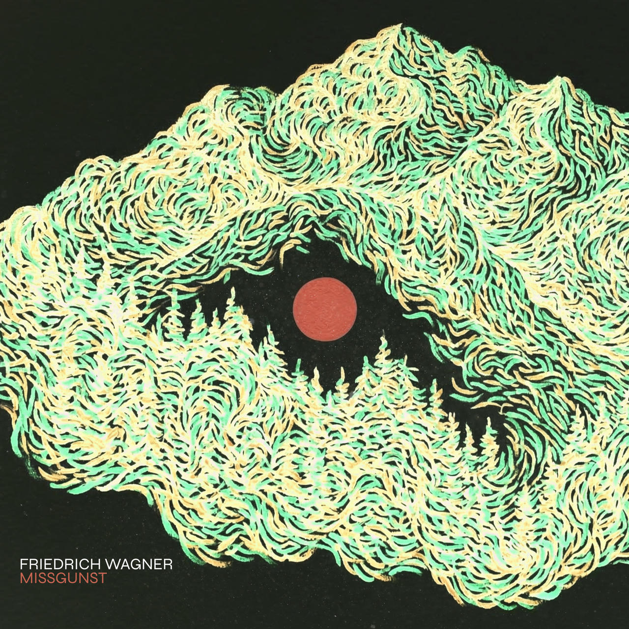 Album cover with the text 'FRIEDRICH WAGNER - MISSGUNST', featuring a landscape drawn with purple and blue lines in the shape of an eye. Mountains and pine trees form the eyelids, enclosing a turquoise circle that acts as the pupil.